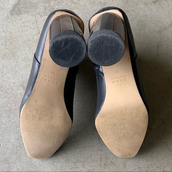 Zara Metallic Round Heeled Black Leather Ankle Zip-up Boots Size 7.5 Womens 38 - Picture 5 of 5